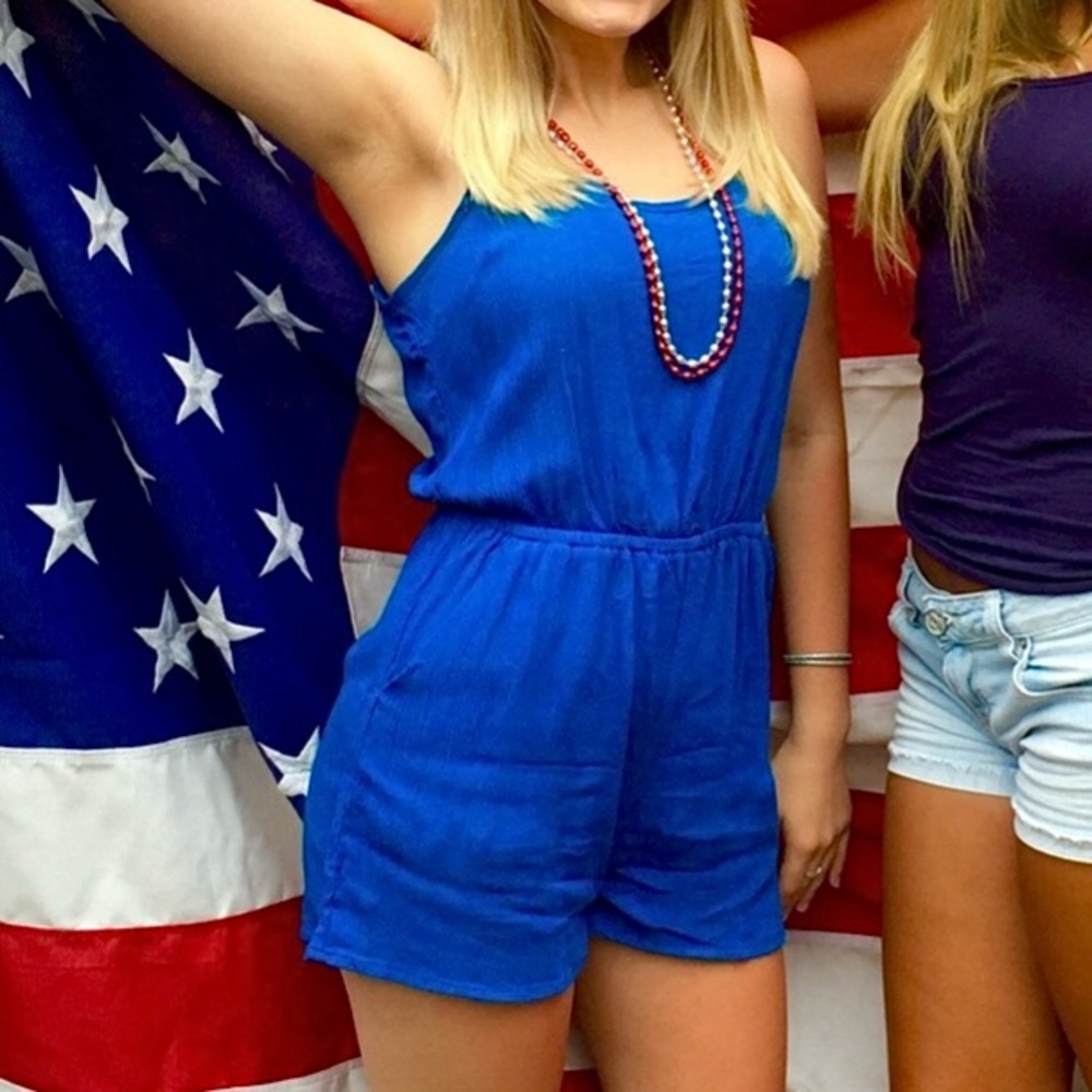 FOREVER 21 Women’s Adjustable Pleated Pocketed Romper /Swim Cover Up blue size S